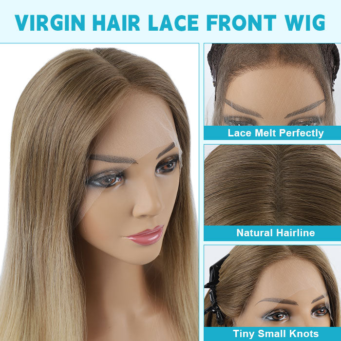 Lace Front Wig Light Brown with Blonde Balayage Color #714B 18"